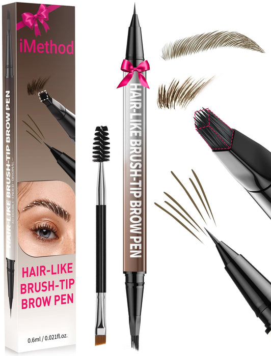 iMethod Eyebrow Pen - Eyebrow Pencil,2-in-1 Eyeliner Dual-Ended Brush-Tip Microblading 4d Eyebrow Pencils for women,Long Lasting Waterproof Hair-Like Brow Pencil,with Eyebrow Brush,Brown