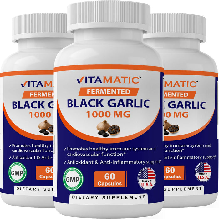 Vitamatic 3 Pack Fermented Black Garlic Extract 1000 mg 60 Capsules - Non-GMO, Gluten Free - Antioxidant and Cholesterol Support (Total 180 Capsules)