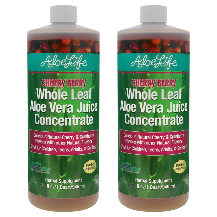 Aloe Life - Whole Leaf Aloe Vera Juice Concentrate, Soothing Relief for Indigestion, Antioxidant Catalyst, Supports Energy & Wellness, Organic Aloe Leaves, Gluten-Free (Cherry Berry, 32 oz) | 2-Pack