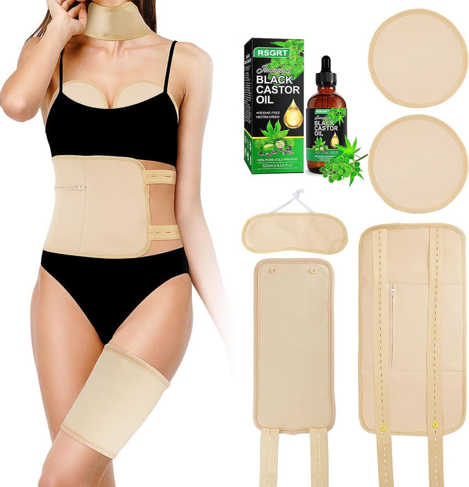 Reusable Castor Oil Pack Kit - Machine Washable Wrap with Adjustable Strap and Organic Castor Oil (Khaki)