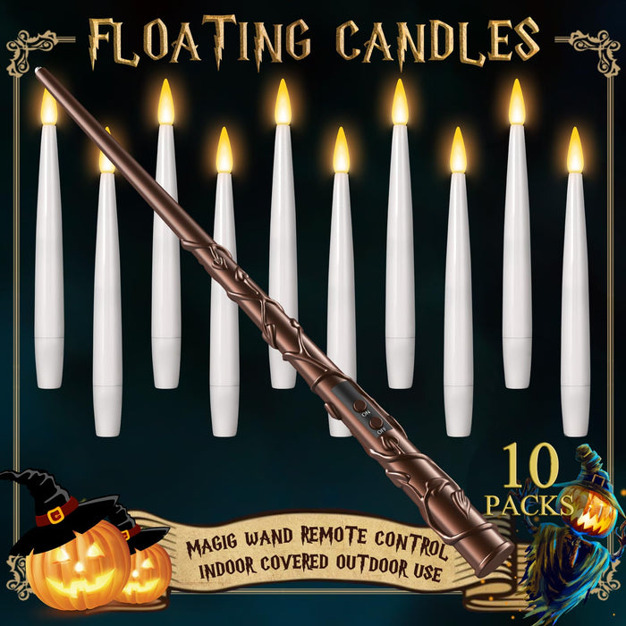 Floating Candles with Wand 10PCs - Halloween Decorations Magic Hanging Candles Flickering Warm Light LED Flameless Candles with Remote, Christmas Lights for Window Home Bedroom Birthday Party Decor