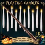 Floating Candles with Wand 10PCs - Halloween Decorations Magic Hanging Candles Flickering Warm Light LED Flameless Candles with Remote, Christmas Lights for Window Home Bedroom Birthday Party Decor