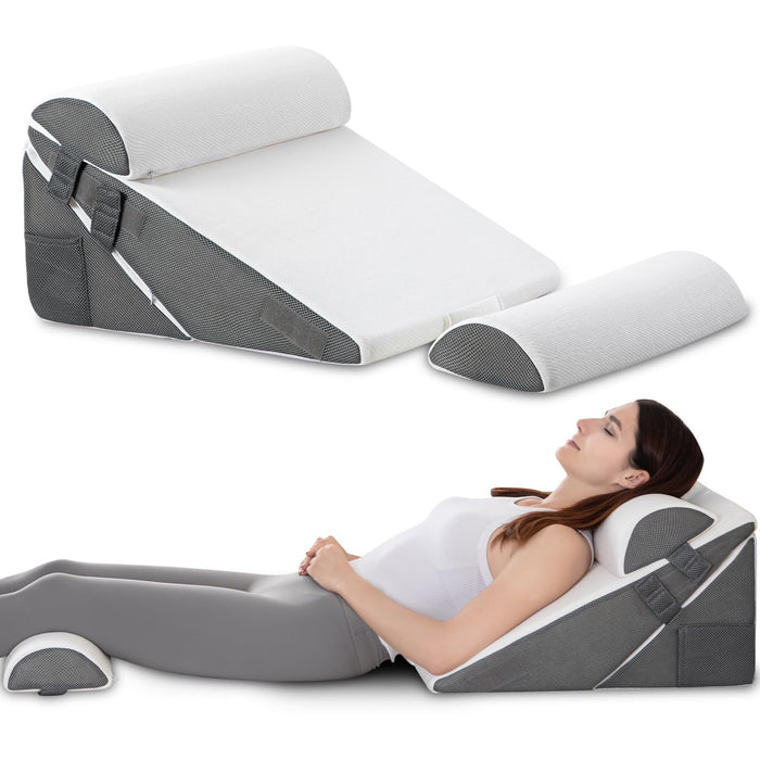 GOHOME Cooling Wedge Pillow Set for After Surgery, 4-Piece Adjustable Memory Foam Bed Wedge Pillow for Sleeping, Acid Reflux, Snoring, Neck Pain and Back Pain, White and Grey