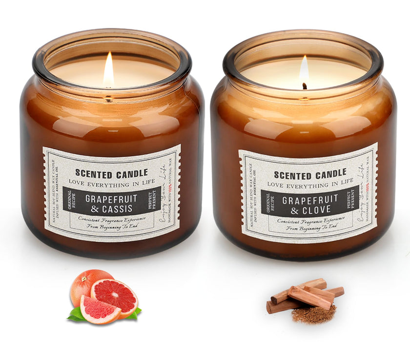 2 Pack Candles for Home Scented Grapefruit & Teak Tobacco Scented Candles 15.5 oz 210 Hours Long Lasting Time Clear Aromatherapy Candles Soy Candles Gifts for Women and Men