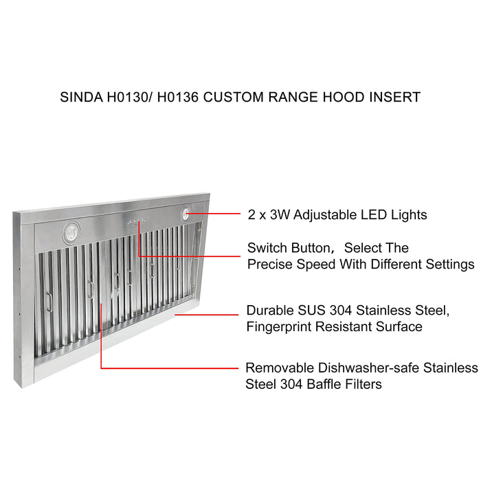 SINDA 30 Inch Built-In/Insert Range Hood, 4-Speed 610 CFM, Stainless Steel Under Cabinet Range Hood Kitchen Vent Hood with Liner and Internal Motor, 6" Duct, Adjustable Lights, Baffle Filter