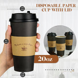 LITOPAK 50 Pack 20 oz Paper Coffee Cups, Drinking Cups for Hot Coffee Chocolate Drinks, Disposable Coffee Cups with Lids, Sleeves. and Stirring Sticks, Black Hot Coffee Cups for Home and Cafes