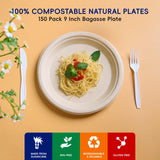 JOLLY CHEF Compostable Heavy Duty Plates 9 Inch [150 Pack] Eco-Friendly Disposable Natural Paper Plates Bagasse Biodegradable Plates Bulk for Party Dinner Sugarcane Fibers Round Plates(Brown)