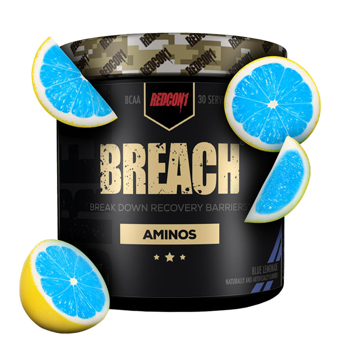 REDCON1 Breach BCAAs, Blue Lemonade - Keto Friendly + Sugar Free Essential Amino Acids for Recovery - Contains BCAAs L-Leucine, L-Isoleucine & L-Valine (30 Servings)