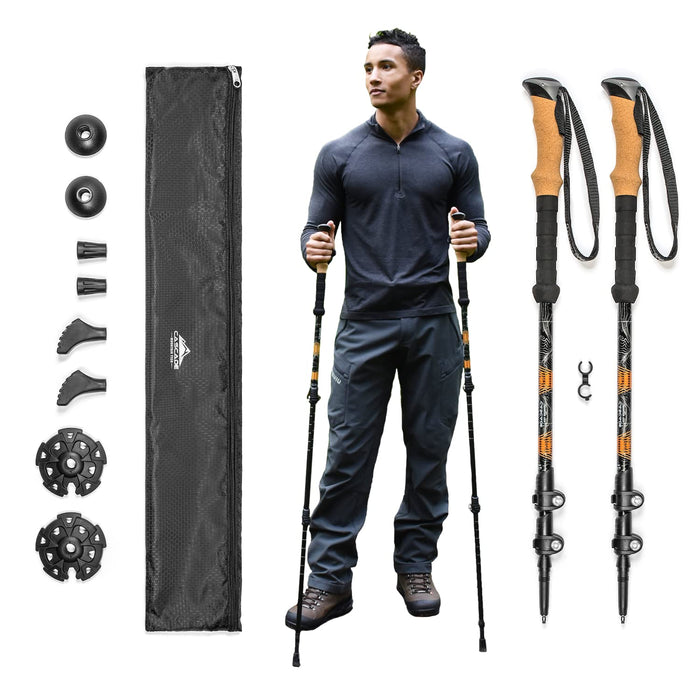 Cascade Mountain Tech Trekking Poles, Shaft Material: Aircraft- grade 6061 Aluminum with Adjustable Locks Expandable to 54" (Set of 2), Cork Grip, Orange, Extended Grip Material: EVA