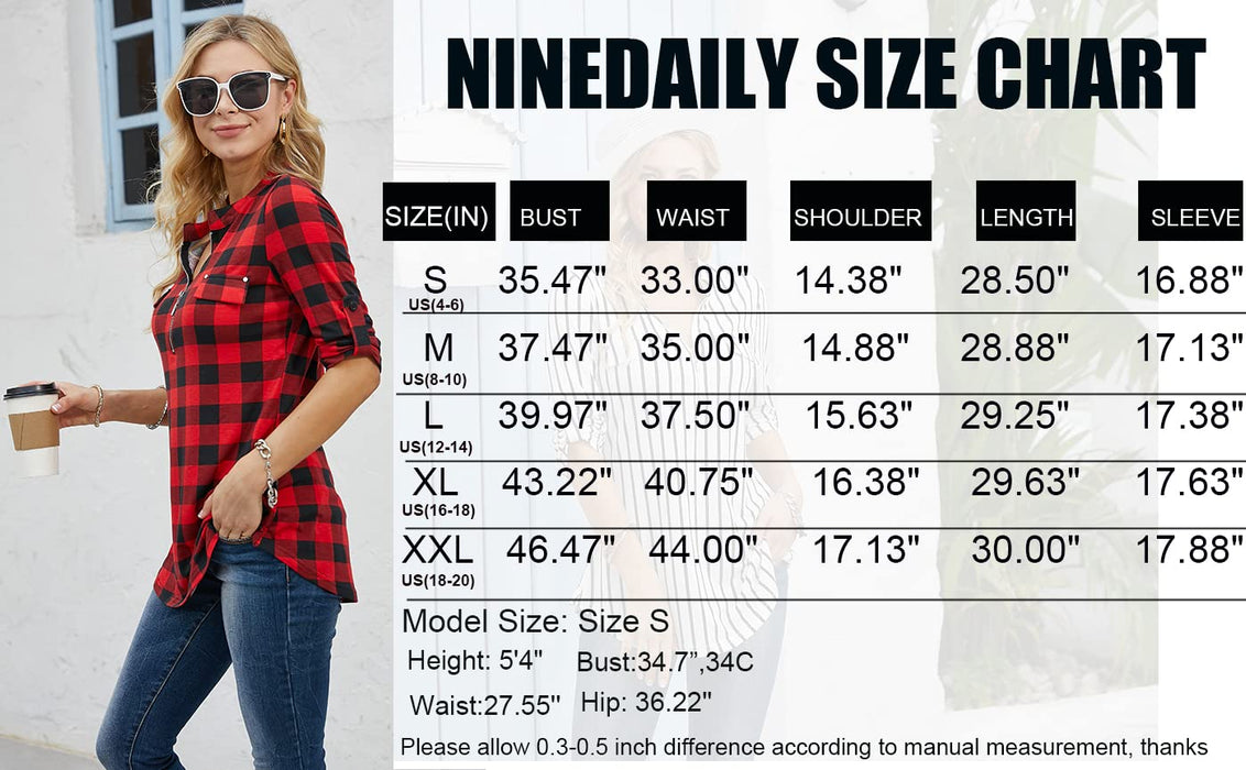 Ninedaily 2024 Christmas Clothes for Women,Women's 3/4 Sleeve Plaid Shirts Zip Floral Casual Tunic Blouse, Blue,Size 2XL