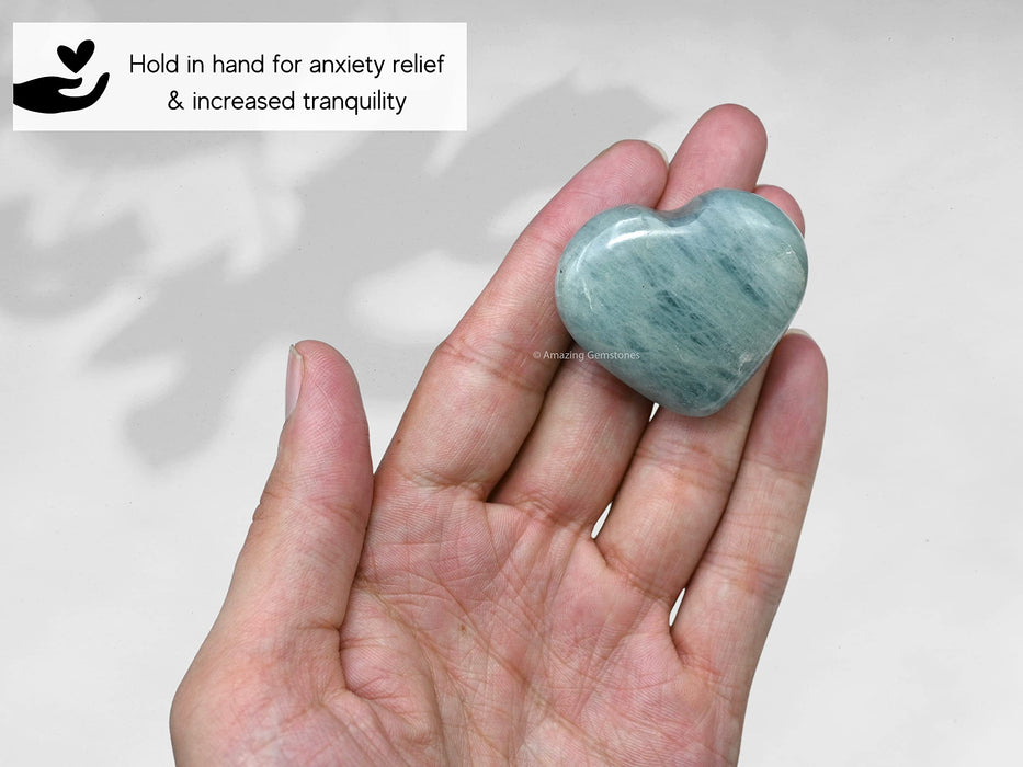 Aquamarine Crystal Heart Palm Stone - Pocket Massage Worry Stone for Natural Body Chakra Balancing, Reiki Healing and Crystal Grid