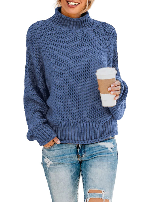 Dokotoo Oversized Sweaters for Women Trendy Batwing Long Sleeve Turtleneck Sweaters Solid Casual Fall Outifits Loose Blue Sweater Chunky Cable Knit Sweater Christmas Sweaters Jumper Blouses Large