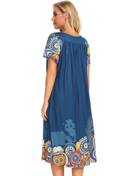 Bloggerlove Mandalas House Dresses for Women with Pockets Summer Mumu Duster Housecoat Women Elderly Robes Short Sleeve Patio Dress Nightgowns Cotton