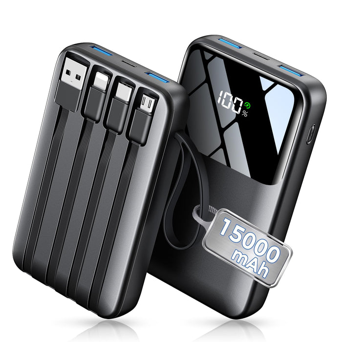 HELLEE 15000mAh Portable Charger Power Bank, 45% Smaller Built-in 4 Cables