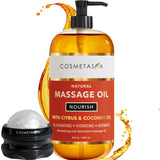 Natural Nourishing Massage Oil with Massage Roller Ball- Citrus & Coconut- Non Greasy, with Therapeutic Rejuvenating, Hydrating & Aromatic Essential Oils for Dry Skin, Soothes Muscles & Joints 8.8 oz