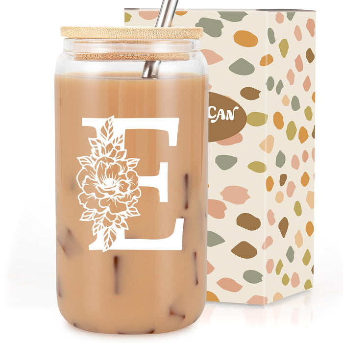 Coolife Initial Glass Cup, Monogrammed Gifts for Women, 16 oz Glass Cups w/Lids Straws, Iced Coffee, Smoothie, Beer Glass Tumbler w/Straw Lid - Personalized Christmas, Birthday Gifts for Her Mom