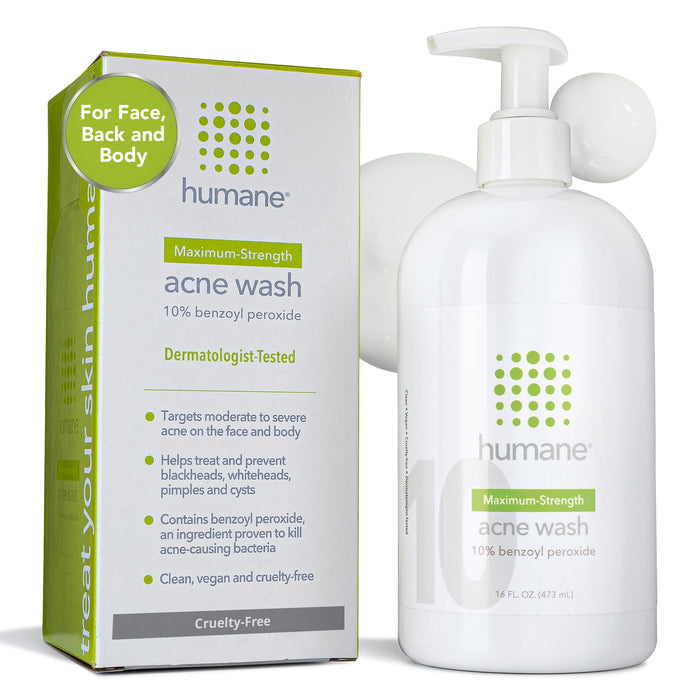 humane Benzoyl Peroxide Acne Body Wash - 10% Maximum-Strength Face, Skin, Butt, and Back Acne Treatment - 16 Fl Oz - Dermatologist-Tested Non-Foaming Acne Face Wash Cleanser - Vegan, Cruelty-Free