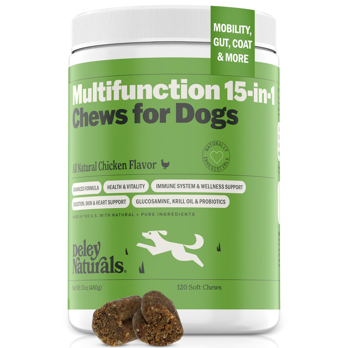 Deley Naturals 15 in 1 Dog Multivitamin Treats - 120 Grain Free Soft Chews - -Immune System, Skin & Coat, Joint Support & Digestion - Vitamins for Dogs of All Ages - Made in USA - Chicken Flavor