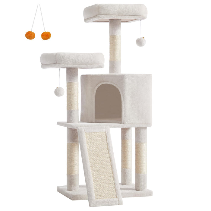 Feandrea Cat Tower, Cat Tree for Indoor Cats, 45.3-Inch Cat Condo with Scratching Post, Ramp, Perch, Spacious Cat Cave, for Kittens, Elderly Cats, Adult Cats, Small Space, Cream White UPCT141W02