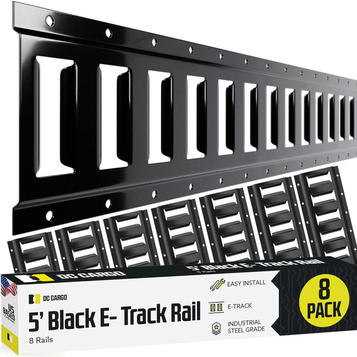 DC Cargo Mall E Track Tie Down Rail Kit 5' (8 Pack) for Garages, Vans, Trailers, Motorcycle Tie Downs, ATV Mountings-ETrack Bar Rails–Powder-Coat Black-Secure Cargo & Heavy Loads Up to 2,000lbs