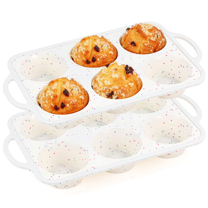 AOTASO 2 Pcs Jumbo Muffin Pan with Metal Frame, Nonstick 6 Cup Extra Large Cupcake Pan for Baking, Silicone Deep Muffin Tray for Egg Bites (Cream)