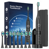 Rtauys Upgraded Sonic Electric Toothbrush for Adults with 8 Brush Heads, IPX7 Travel Electric Toothbrush with Travel Case, 2.5 Hours Charge for 120 Days, 5 Modes with Built-in Smart Timer Black