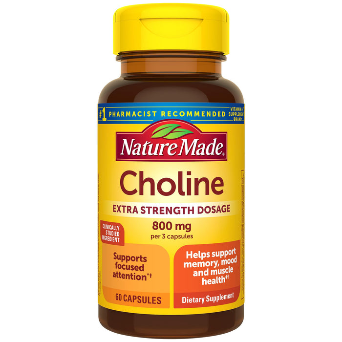 Nature Made Extra Strength Dosage Choline Supplements 800 Mg Per 3 Capsules, Brain Health, Mood, Muscle & Liver Support, Vegetarian, 60 Capsules, 20 Day Supply