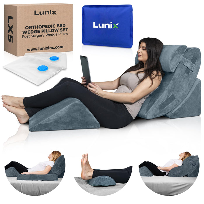 Lunix 4pcs Orthopedic Bed Wedge Pillow Set, Post Surgery Memory Foam for Back, Knee, Leg Pain Relief, Adjustable Sitting Pillow for Sleeping, Acid Reflux, GERD, with Hot Cold Pack, 100% Navy