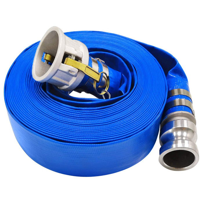 3" x 50' Blue PVC Backwash Hose for Swimming Pools, Heavy Duty Discharge Hose Reinforced Pool Drain Hose with Aluminum Camlock C and E Fittings