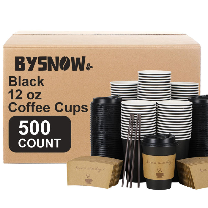 BYSNOW 500 Pack 12 oz Coffee Cups with Lids, Insulated Scald Resistant Hot Cups with Sleeve and Straw, To Go Coffee Cups for Home, Office, Cafes and Party (Black 500Count)