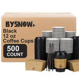 BYSNOW 500 Pack 12 oz Coffee Cups with Lids, Insulated Scald Resistant Hot Cups with Sleeve and Straw, To Go Coffee Cups for Home, Office, Cafes and Party (Black 500Count)