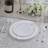 WELLIFE 144 Pieces Silver Plastic Dessert Plates, 7.5 inch Disposable Salad Plates, Premium White Appetizer Plates with Silver Rim, Ideal for Party, Wedding