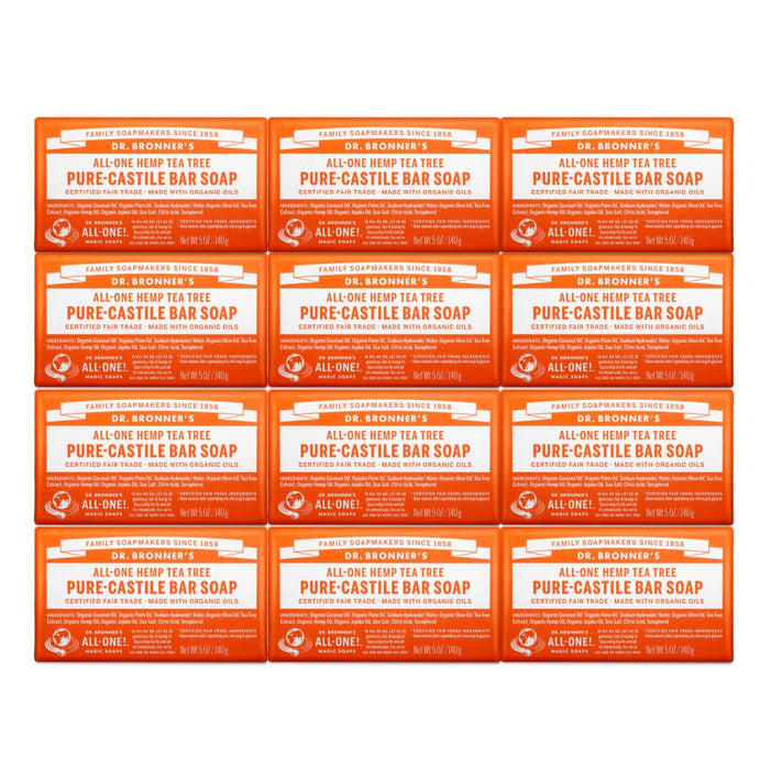 Dr. Bronner's - Pure-Castile Bar Soap - Tea Tree, Made w/Organic Oils, For Face, Body, Hair & Dandruff, Gentle on Acne-Prone Skin, Smooth Lather, Biodegradable, Vegan, Non-GMO (5oz, 12-Pack)
