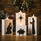 VIHOSE 4 Pcs Christmas Nativity Scene Candle Holders Tea Light Jesus Advent Candle Holder Wood Block Nativity Table Centerpiece Decor with Battery Operated LED Candles for Christian Gift