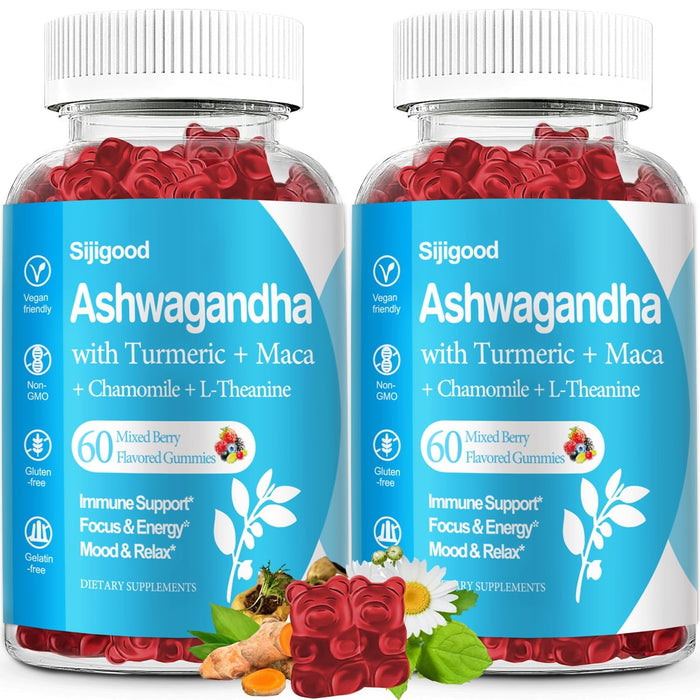 Sijigood 2 Pack Ashwagandha Gummies with Maca Root and L-theanine, 2500mg Organic Ashwa Root Supplement Gummy for Women Men, 120 Vegan Plant-Based Mixed Berry Gummies