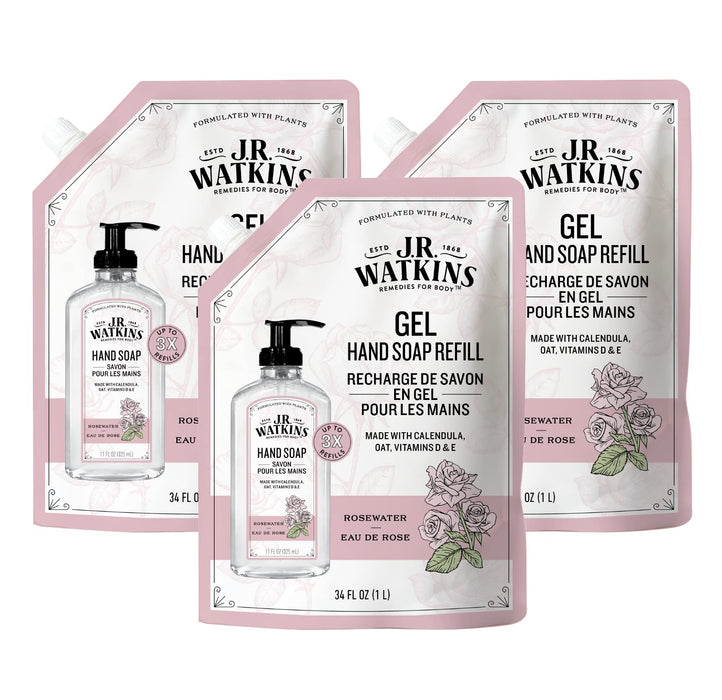 J.R. Watkins Gel Hand Soap Refill, Moisturizing Hand Wash, All Natural, Alcohol-Free, Cruelty-Free, USA Made, Rosewater, 34 Fl Oz, 3 Pack