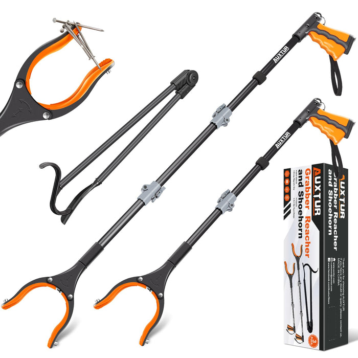 AUXTUR 44"Grabber Reacher Tool and 32"Long Handled Dressing Stick,3pack Grabber Reacher Tool with Rotating Jaws and Magnetic Function for Easy Pickup - Ideal Reach and Pick Tool for Seniors(Orange)