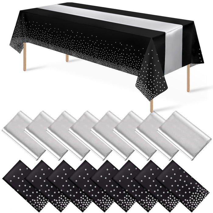 16Pack Disposable Plastic Tablecloths and Satin Table Runner Set Black and Silver Dot Tablecloth Silver Satin Table Runner for Wedding Birthday Baby Shower Anniversary Christmas New Year Party Supply