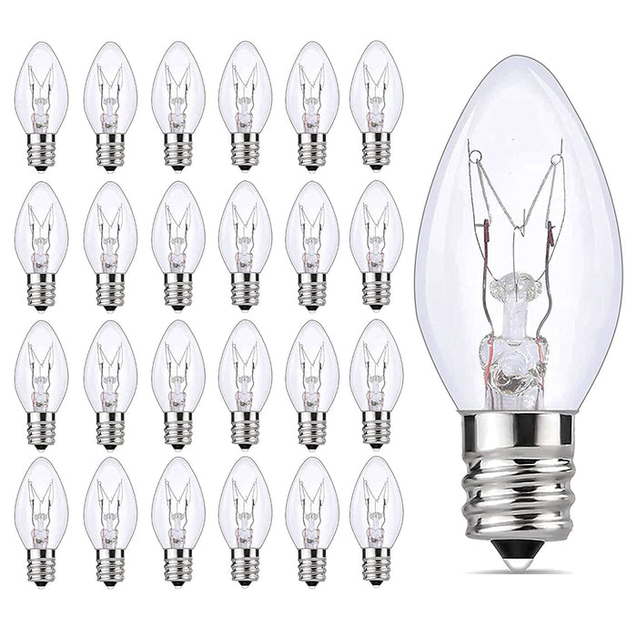 SkrLights 25 Pack C7 Clear Bulbs Christmas Light Bulbs C7 Outdoor String Light Replacement Bulbs, C7/E12 Candelabra Base, 5 Watt-Clear