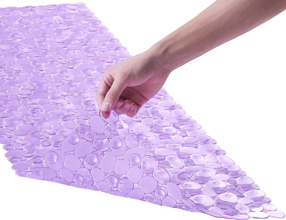 Webos Bath Shower Mat Non Slip: Extra Large Pebble Bathtub mat for Kids, Elderly, Anti Slip Shower Matt with Drain Holes Suction Cups Tub Mat - 16 X 40 Inch Clear Purple