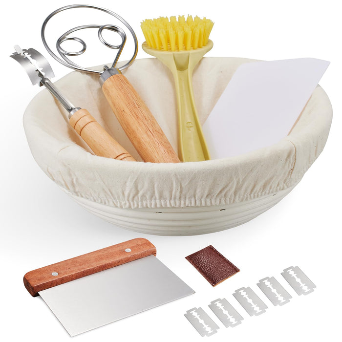 Dimpola Banneton Bread Proofing Basket Banneton Basket Set Sourdough Proofing Basket Round Proofing Bowls Handmade Rattan Baskets and Liners (Round 9 inch Baking Set)