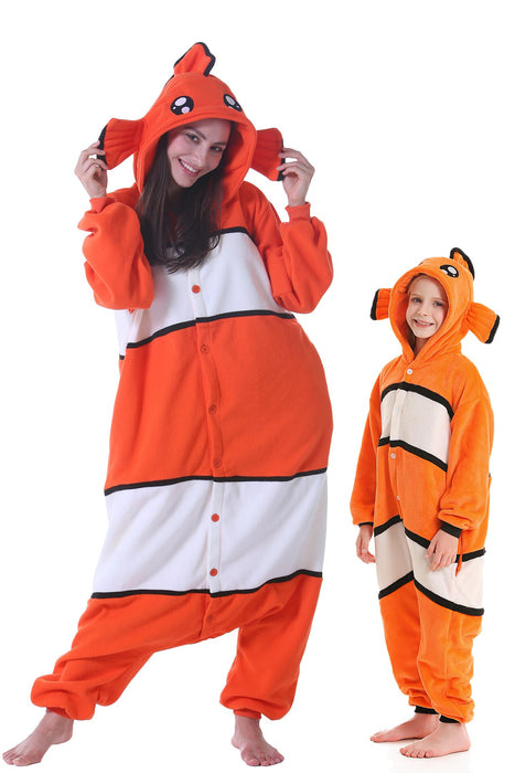 DELEY Unisex Kids Clownfish Onesie Pajamas, Flannel Animal One Piece Costume Sleepwear Halloween Cosplay Homewear Orange White