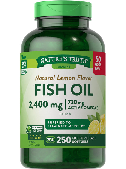 Nature's Truth Burpless Fish Oil 2400mg | 250 Softgels | 720 mg Omega 3 | Natural Lemon Flavor Pills | Non-GMO & Gluten Free Supplement