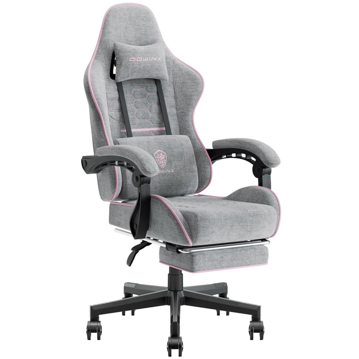 Dowinx Gaming Chair Fabric with Pocket Spring Cushion, Massage Game Chair Cloth with Headrest, Ergonomic Computer Chair with Footrest 290LBS, Pink and Grey