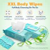 Body Wipes for Adults - XL Wet Wipes 8" x 12" (400 Count) + 8 Travel Wipes | Rinse Free Bathing Wipes - Wash Cloths for Incontinence, Disposable Washcloths with Aloe Vera - Camping, Elderly, Bathing