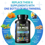 Sea Moss 3000mg Ashwagandha 1000mg Black Seed Oil 2000mg Turmeric 1000mgBurdock 1000mg Bladderwrack 1000mg & Vitamin C & D3 with Elderberry Manuka Dandelion Yellow Dock Iodine Chlorophyll ACV-120Pills