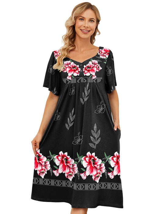 udforsk House Dress for Women Plus Size Mumu Dresses Summer Lounge Dresses Duster Housecoats Elderly Moo Moo Florar Nightgown Black Red Flower XL