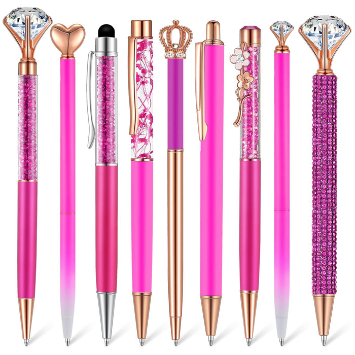 9 Pcs Ballpoint Pens Set Metal Crystal Diamond Pen Glitter Pen for Journaling Black Ink Pretty Cute Pens Fancy Pens Gifts for Women Girls Christmas Birthday School Office Desk (Fluorescent Pink)