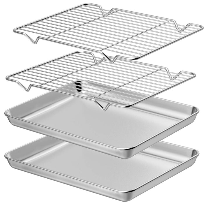 Wildone Baking Sheet with Rack Set [2 Sheets + 2 Racks], Stainless Steel Cookie Pan baking Tray with Cooling Rack, Size 10 x 8 x 1 Inch, Non Toxic & Heavy Duty & Easy Clean