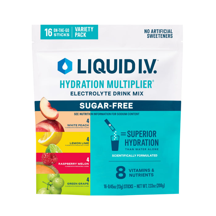 Liquid I.V.® Hydration Multiplier® Sugar - Free - Raspberry Melon, Lemon Lime, White Peach, Green Grape - Hydration Powder Packets, Electrolyte Powder Drink Mix | 16 Servings (Pack of 1)